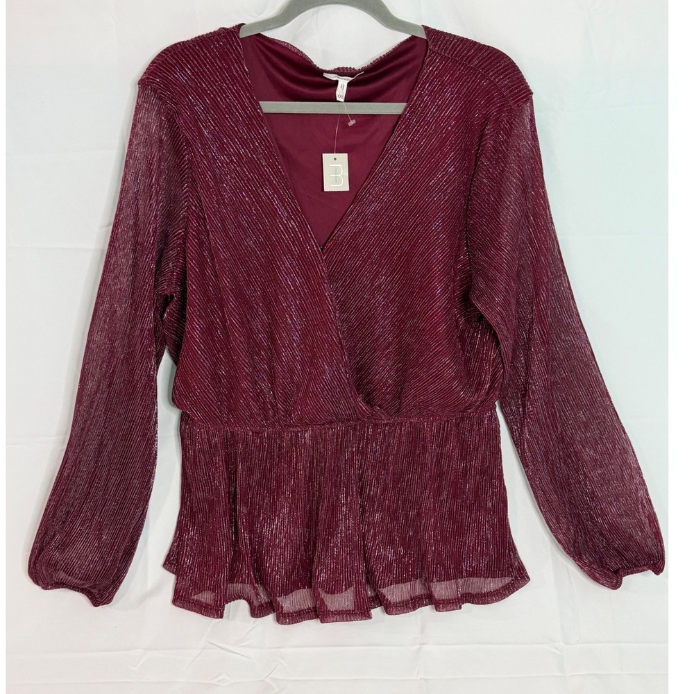 Maurices Silver Metallic Plisse Wrap Peplum Top XXL Long Sleeve Holiday Sparkle